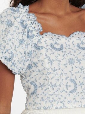 LoveShackFancy Blue Floral Puff-Sleeve Crop Top